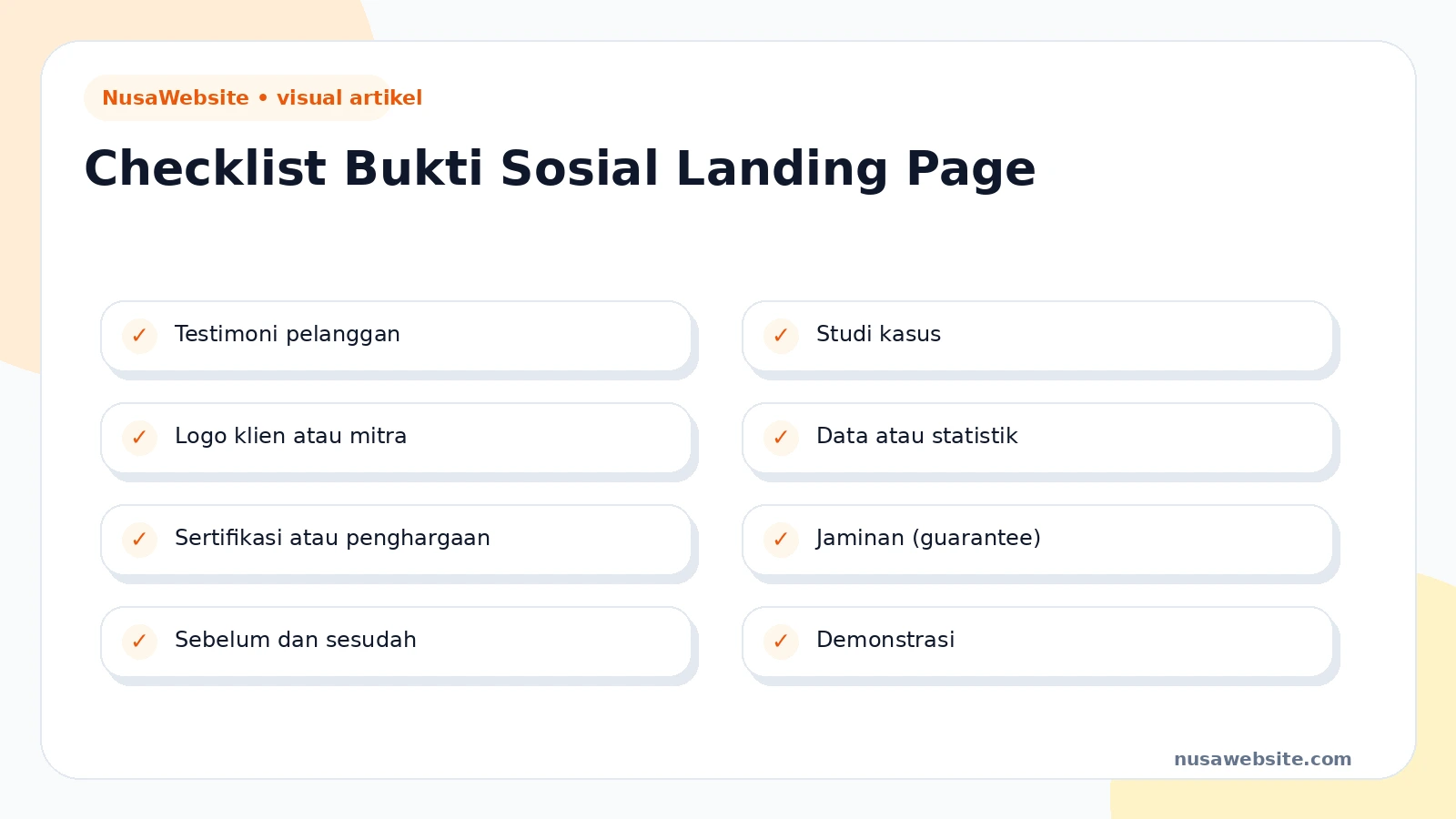 Checklist delapan jenis bukti sosial yang bisa digunakan di landing page: testimoni, studi kasus, logo klien, data statistik, sertifikasi, jaminan, sebelum-sesudah, demonstrasi
