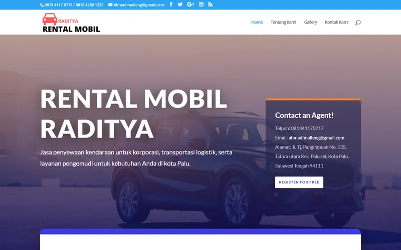 Tampilan situs Rental Mobil Kota Palu